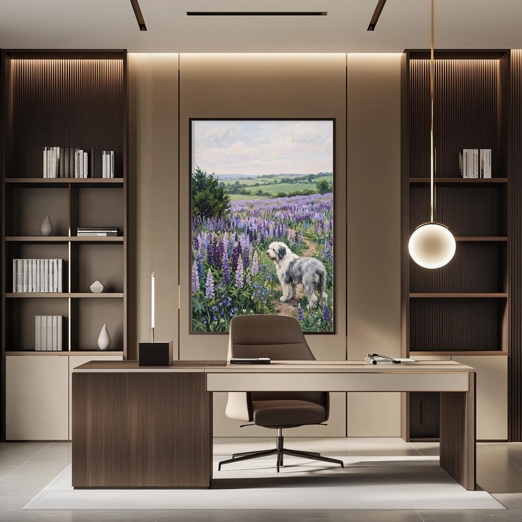 a modern office space with a large painting of a dog in a field of purple flowers hanging on the wall. The office features a wooden desk, a comfortable chair, and a bookshelf filled with books.