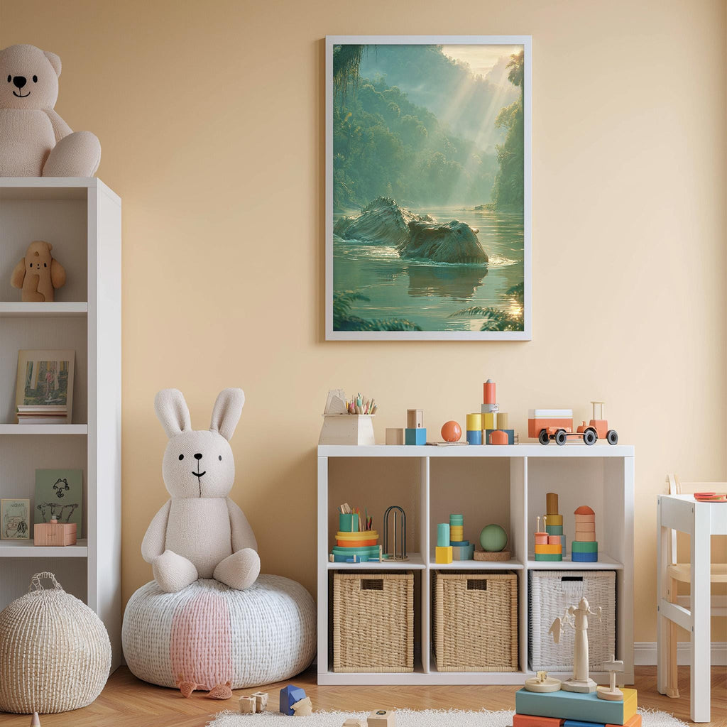 A cozy children's room with a large stuffed bunny, a bookshelf, and a toy chest filled with toys. The room has a warm, inviting atmosphere with a framed landscape painting hanging on the wall.
