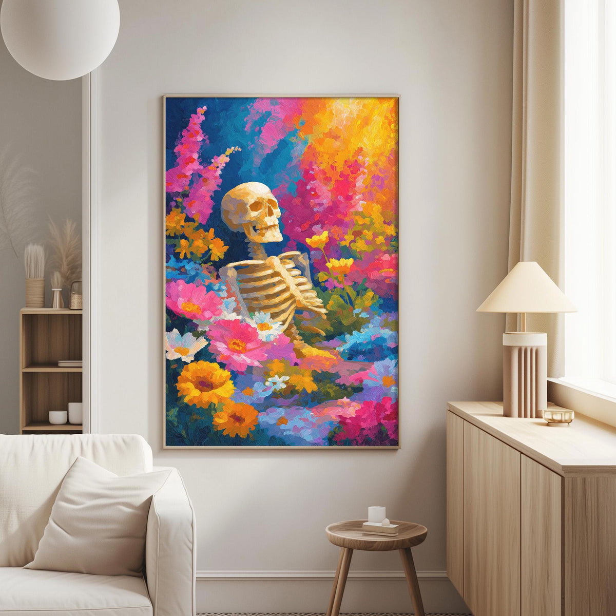 a large, colorful painting of a skeleton surrounded by flowers and plants, hanging on a wall in a living room setting.