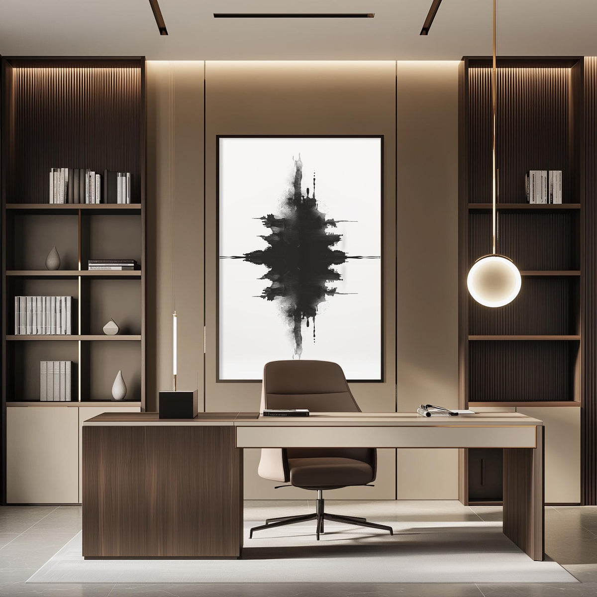 a modern and minimalist office space with a large abstract painting on the wall, a wooden desk with a chair, and built-in bookshelves.