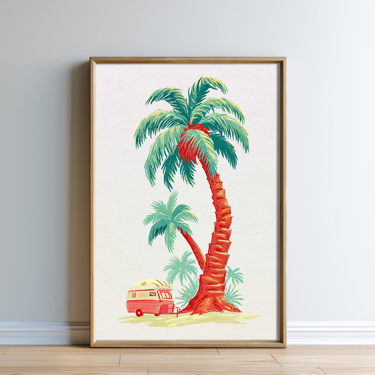 A framed illustration depicting a palm tree with a red van parked underneath it, set against a light background.