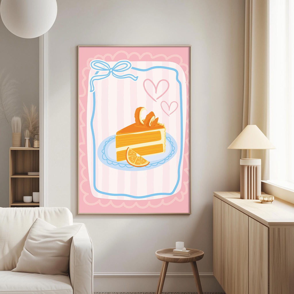 a cozy living room with a large, colorful painting of a slice of cake hanging on the wall. The painting is surrounded by a pink and white striped border, and it includes a heart and an orange slice. The room also has a white couch, a wooden side table, and a lamp on a nearby table.