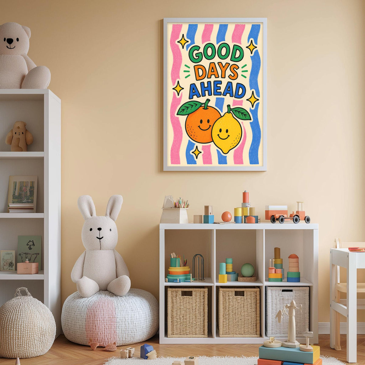 A child's bedroom with a white bookshelf, a stuffed rabbit, and a colorful poster on the wall that says "Good Days Ahead".