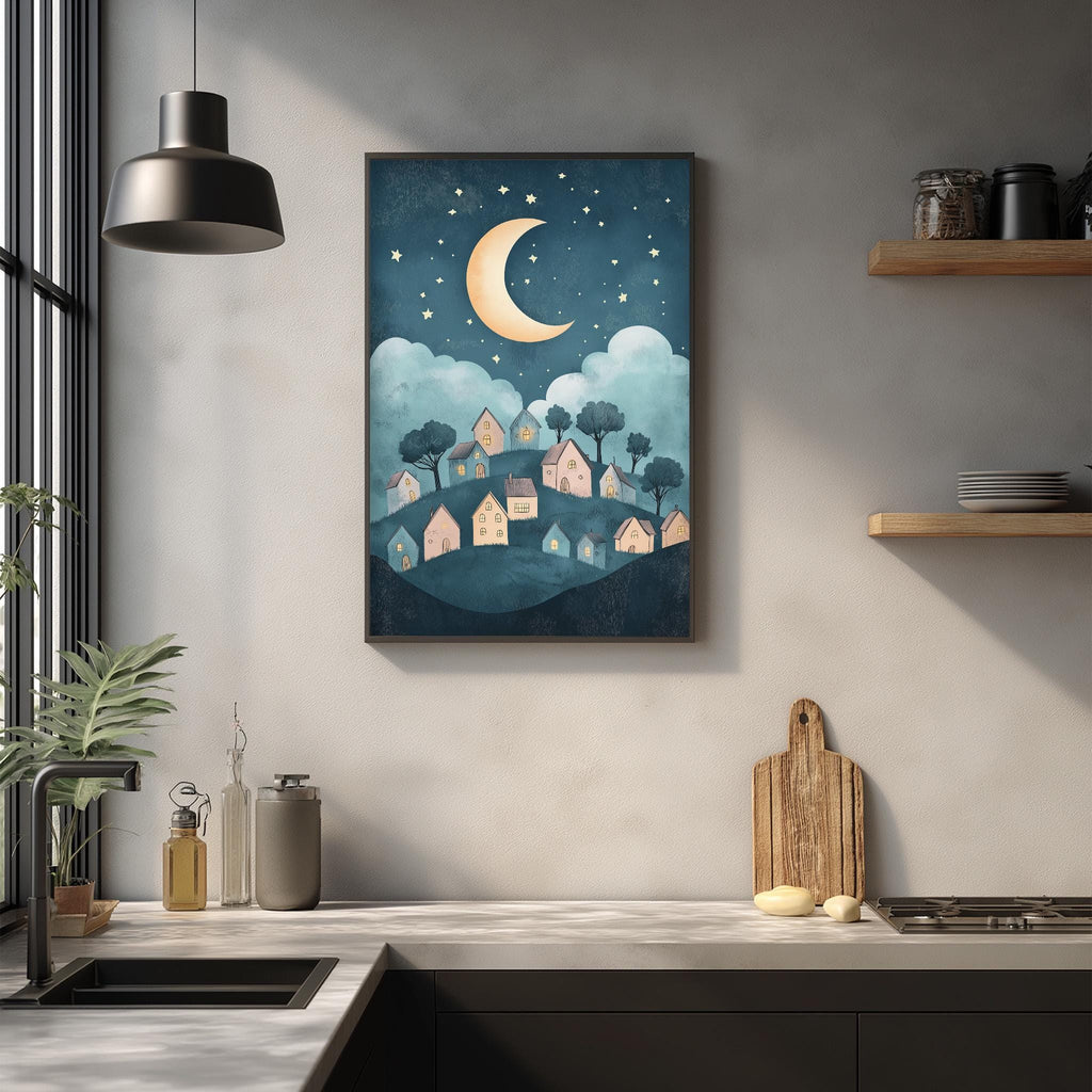a kitchen scene with a framed illustration of a village at night, a crescent moon, and stars in the sky. The kitchen counter has various items on it, including a cutting board, a bottle, and a vase.