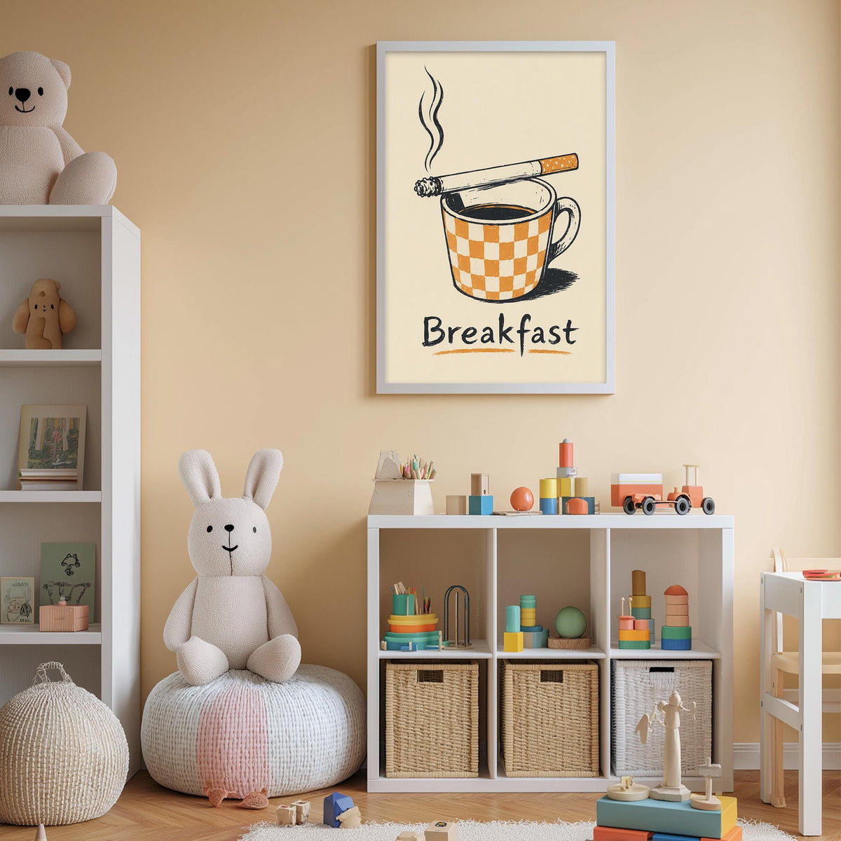 A cozy children's bedroom with a white bookshelf, a plush rabbit, and a framed poster of a cup of coffee with a cigarette.