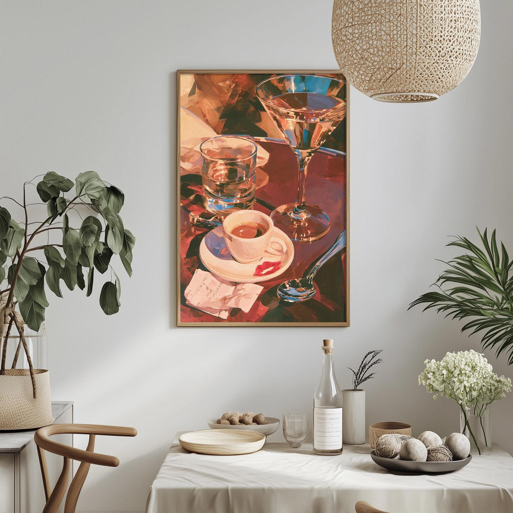 a cozy dining scene with a table set for two, featuring a wine glass, a cup, a bowl, and a vase of flowers. The table is surrounded by chairs, and there are potted plants and other decorative items in the room. A framed painting of a glass of wine is hanging on the wall above the table, adding a touch of elegance to the space.