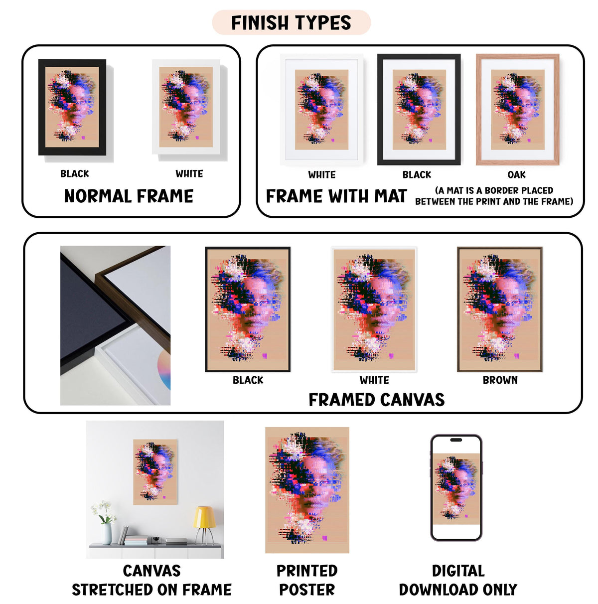 various finish types for artwork, including a normal frame, a frame with a mat, a white frame, a black frame, an oak frame, a white frame, a black frame, a white framed canvas, a stretched canvas, a printed poster, and a digital download only.
