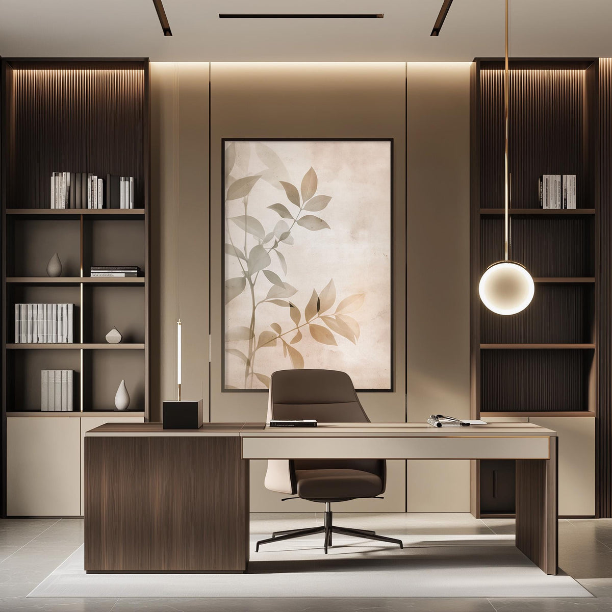 a modern and minimalist office space with a large wooden desk, a comfortable-looking chair, and a large abstract painting on the wall.
