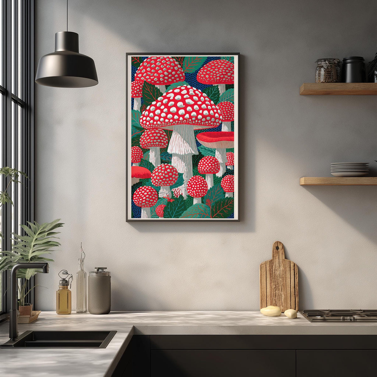 a kitchen counter with a framed illustration of red and white mushrooms hanging on the wall above it. The counter also has various kitchen items, such as a cutting board, a knife, and a bottle.