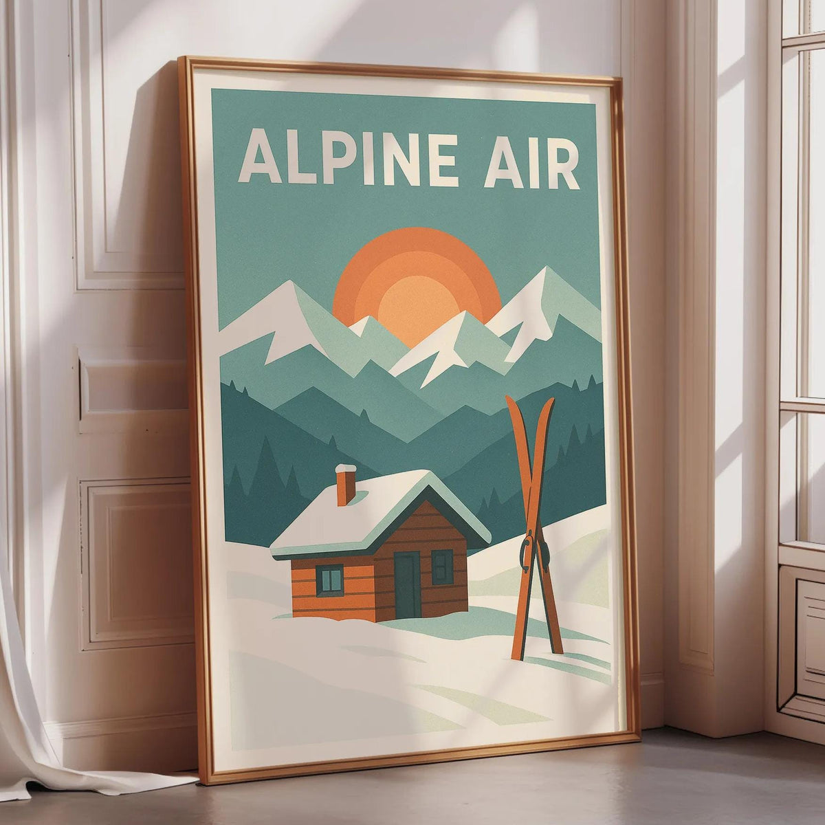 A framed poster depicting a snowy mountain landscape with a cabin and skis, along with the text "ALPINE AIR" prominently displayed.