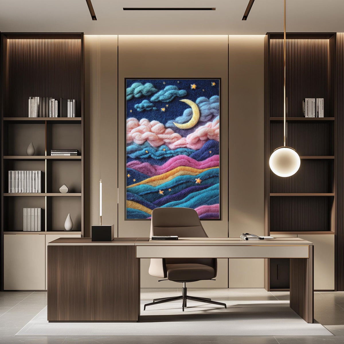 a modern office space with a large, colorful painting of a night sky hanging on the wall above a desk with a chair.