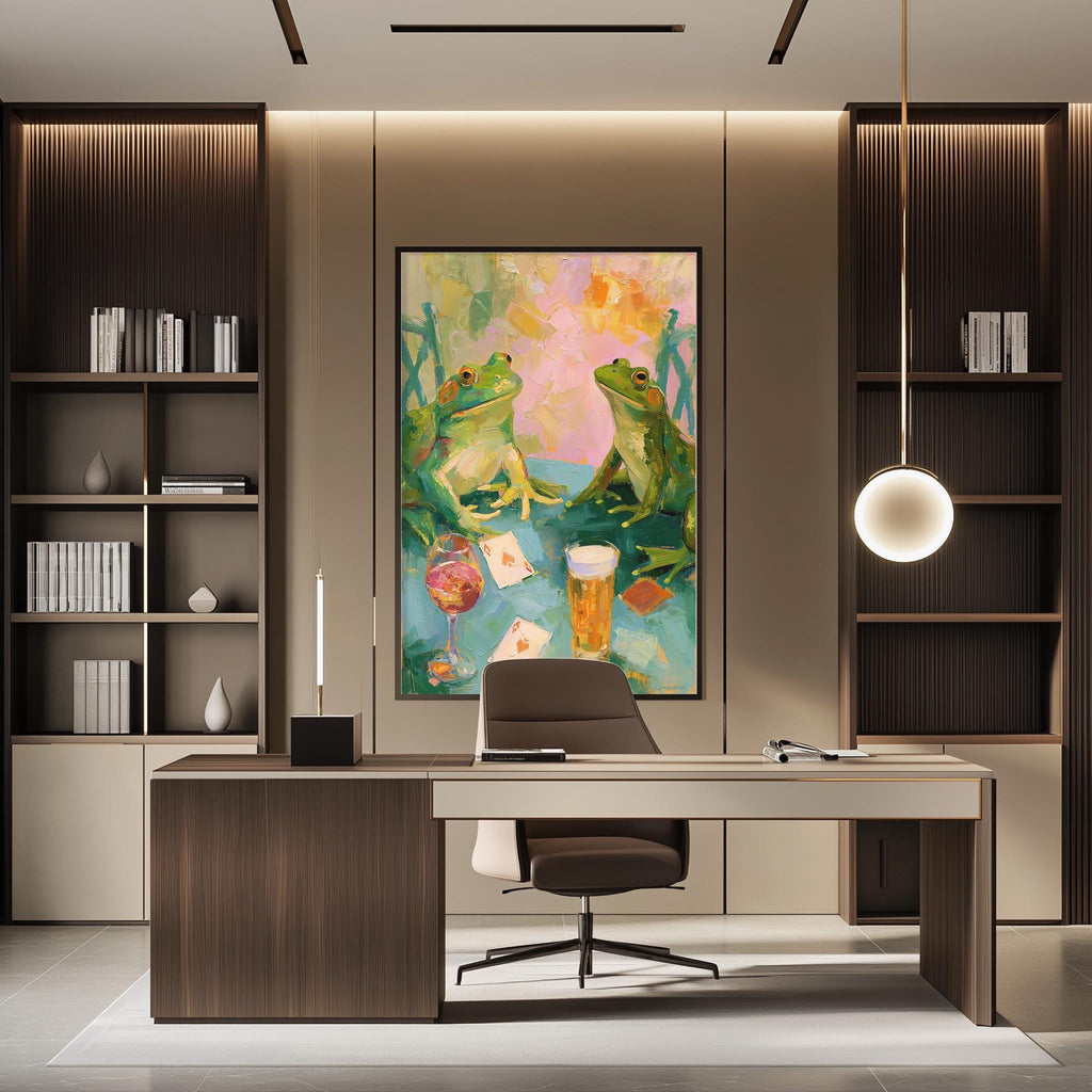 a modern office space with a large painting of two green frogs sitting on a table in the center. The painting is surrounded by a wooden desk, a chair, and a bookshelf. The office has a minimalist and contemporary design, with a focus on natural elements and a harmonious color palette.