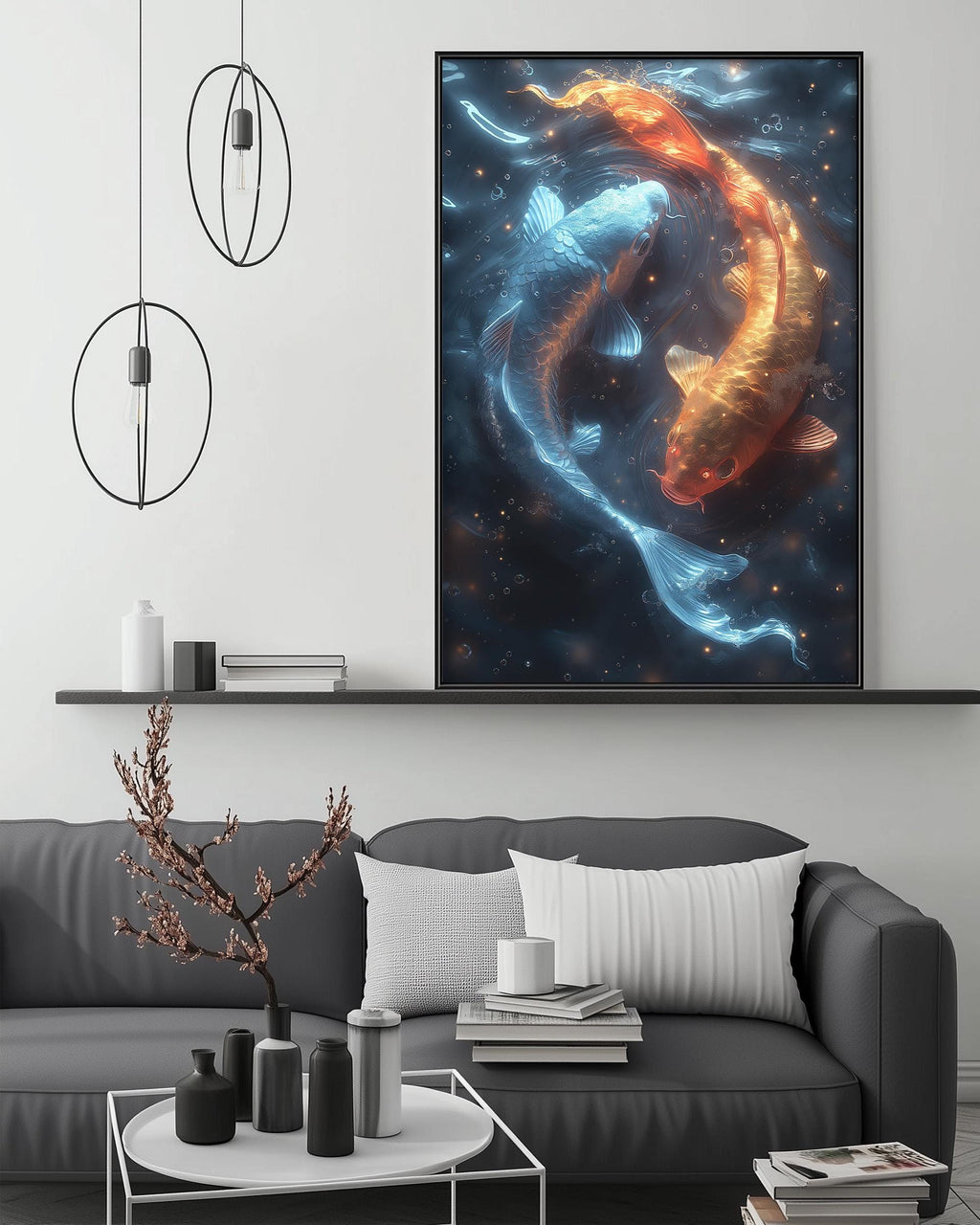 a large, vibrant painting of two fish swimming in a cosmic scene, hanging on a wall above a gray couch in a modern living room setting.