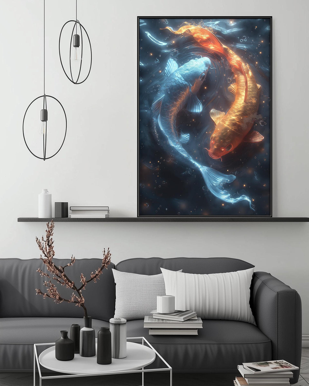 a large, vibrant painting of two fish swimming in a cosmic scene, hanging on a wall above a gray couch in a modern living room setting.