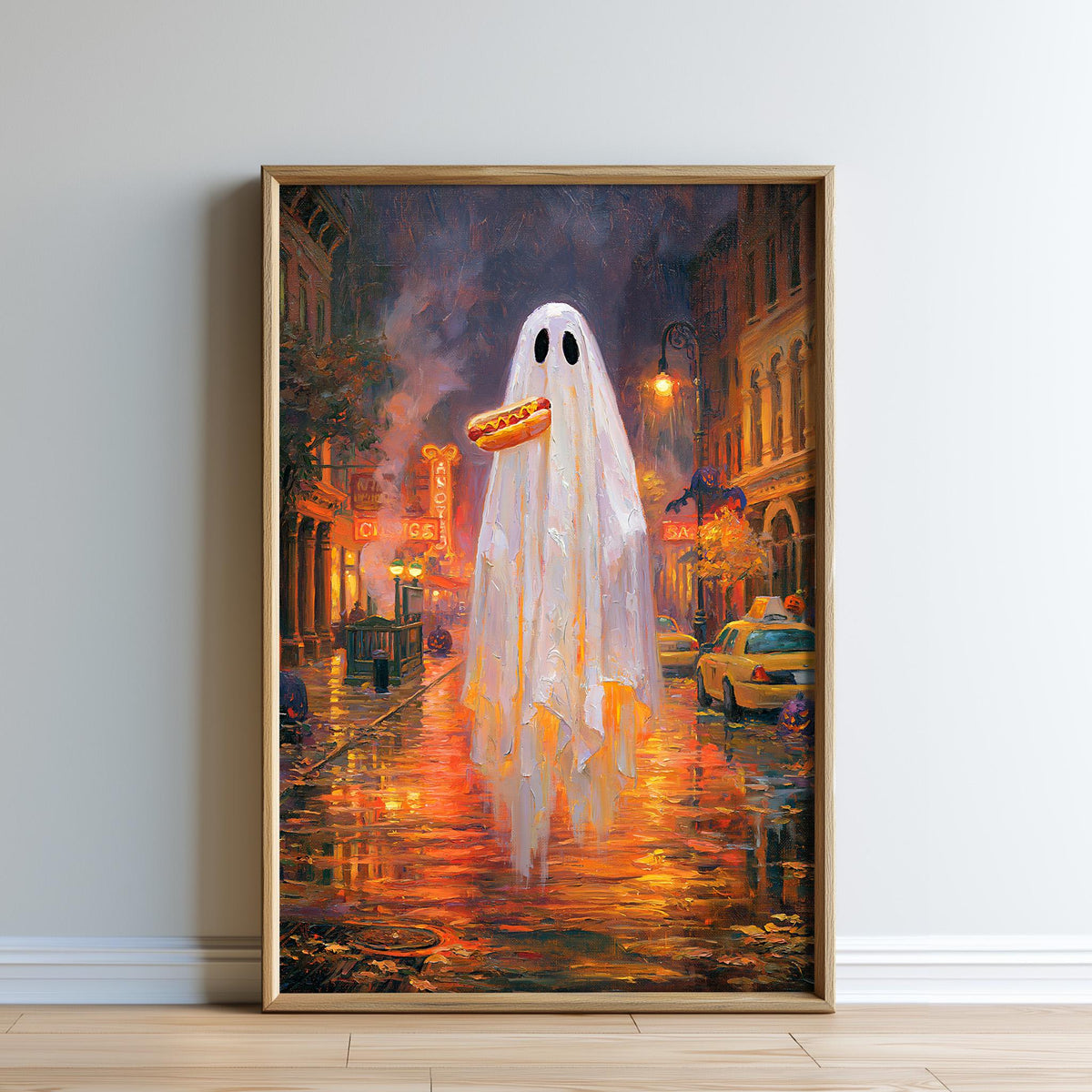 The image is a painting depicting a ghost-like figure walking down a city street at night, holding a hot dog.