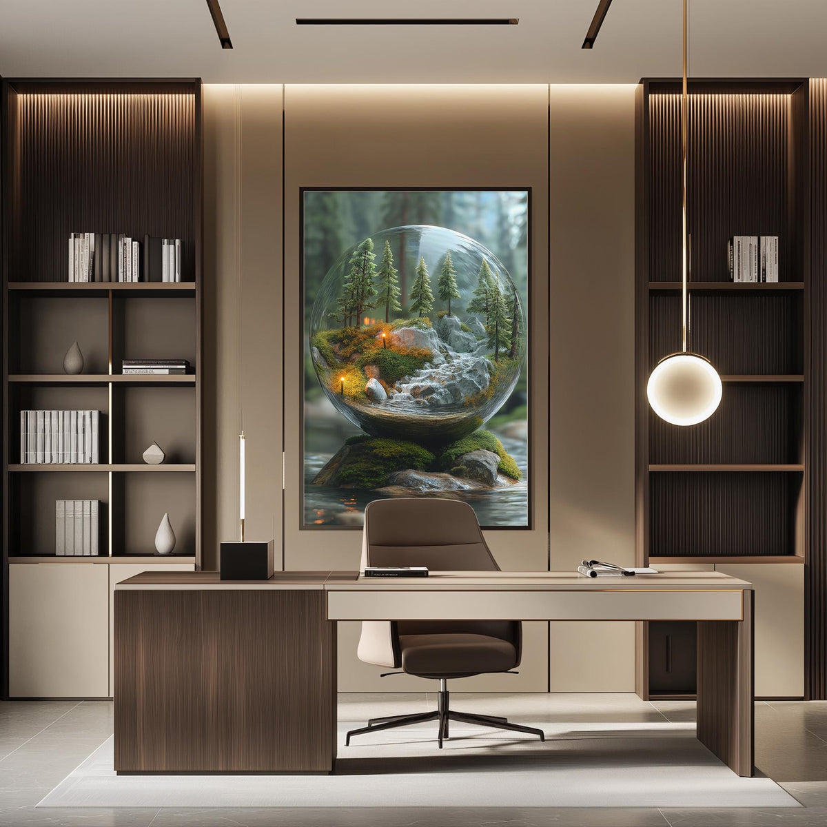 a modern and minimalist office space with a large glass sphere containing a serene landscape scene, including a forest and a waterfall. The office features a wooden desk, a comfortable chair, and a bookshelf filled with books and decorative items.