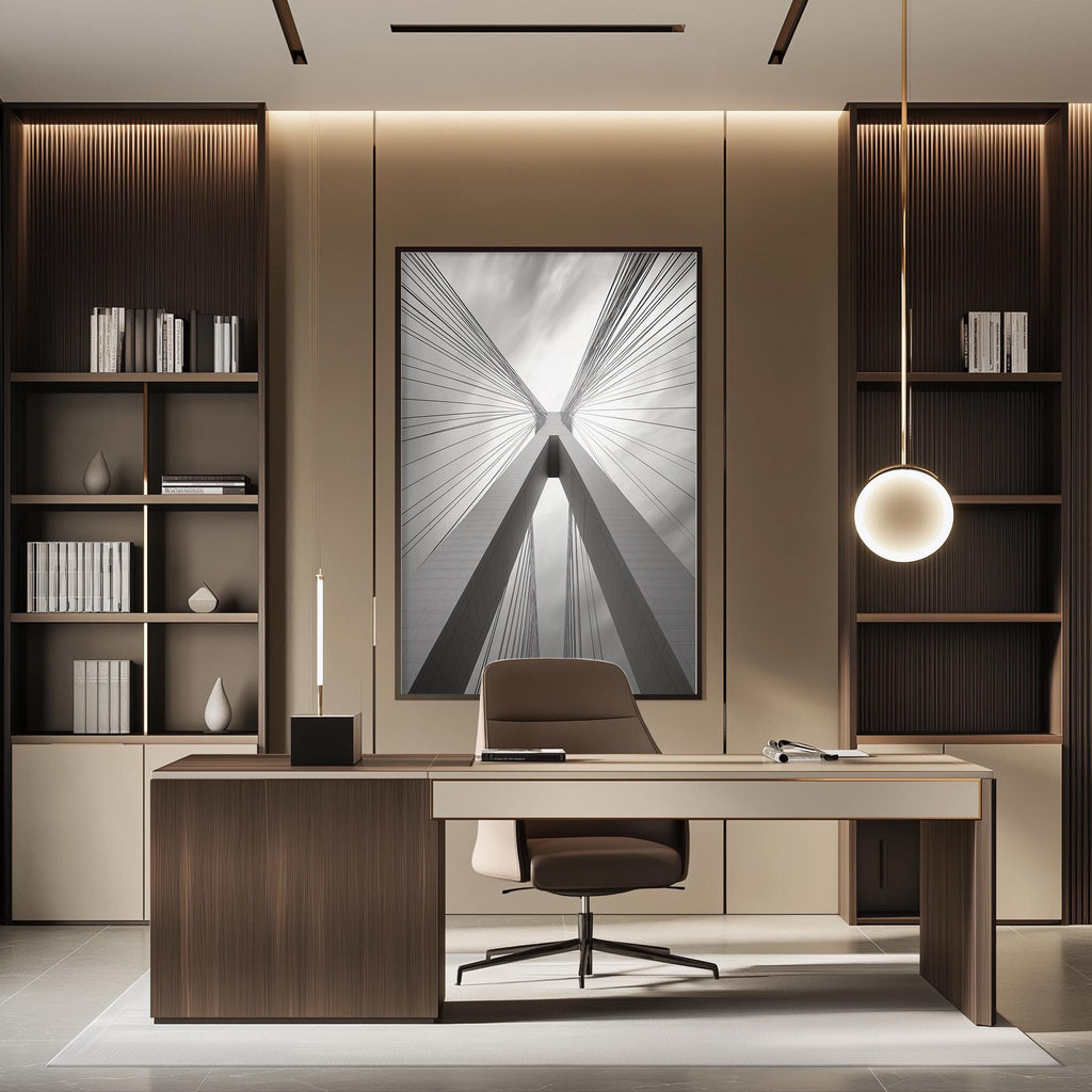 a modern and minimalist office space with a large abstract painting on the wall, a wooden desk with a chair, and built-in bookshelves.