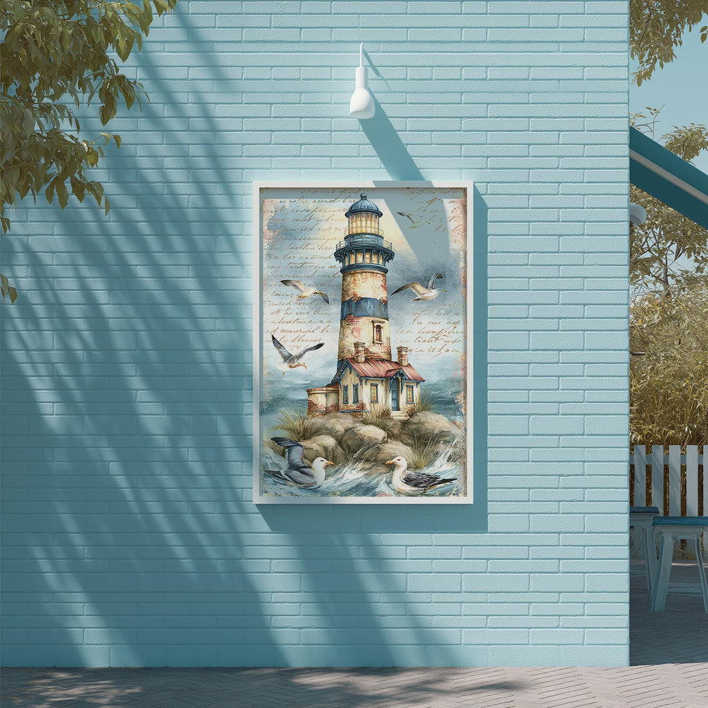 a blue brick wall with a framed painting of a lighthouse and seagulls hanging on it.