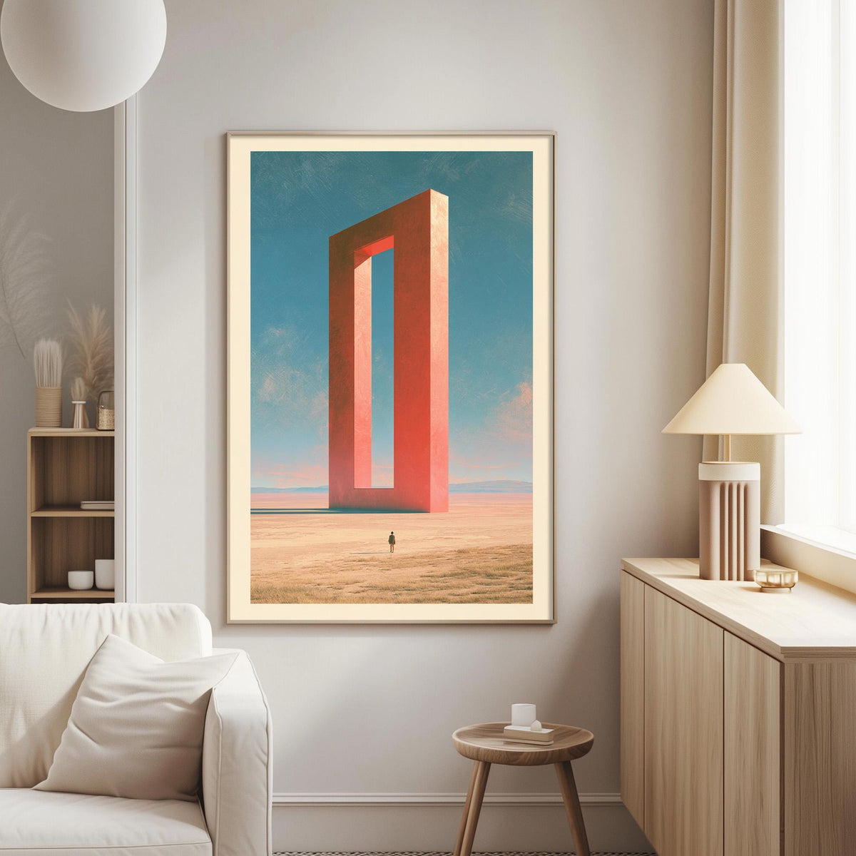 a large, abstract painting of a red, rectangular structure set against a desert landscape with a lone figure walking in the distance.
