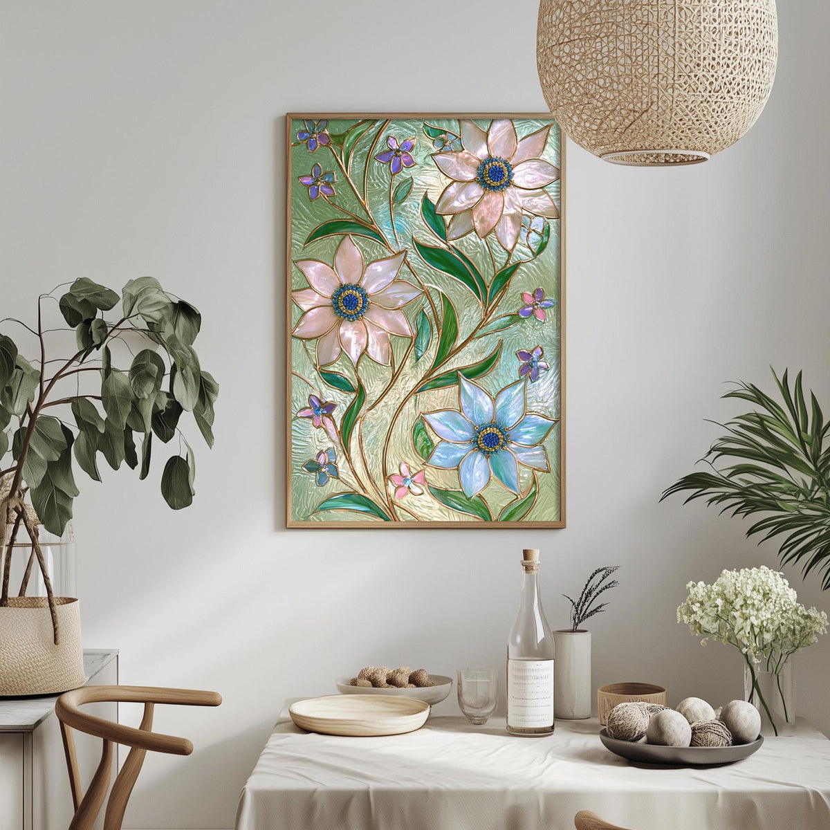 a dining table with a white tablecloth, a vase of white flowers, a bottle of wine, and a bowl of fruit. Above the table, there is a framed picture of a floral design with pink and blue flowers.