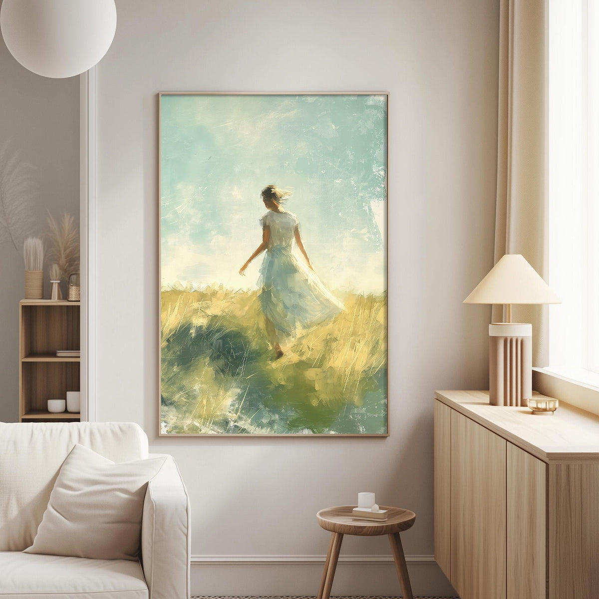 a large painting of a woman in a flowing white dress standing in a field of tall grass, with a serene expression on her face.