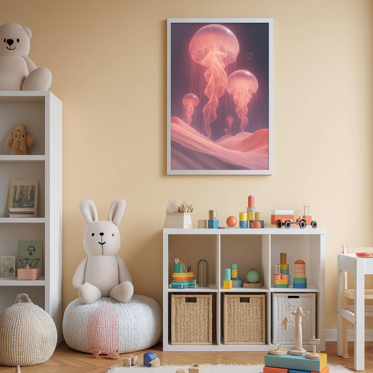 A cozy children's room with a large stuffed rabbit, a bookshelf, and a toy chest filled with toys. A framed poster of jellyfish is displayed on the wall above the toy chest.
