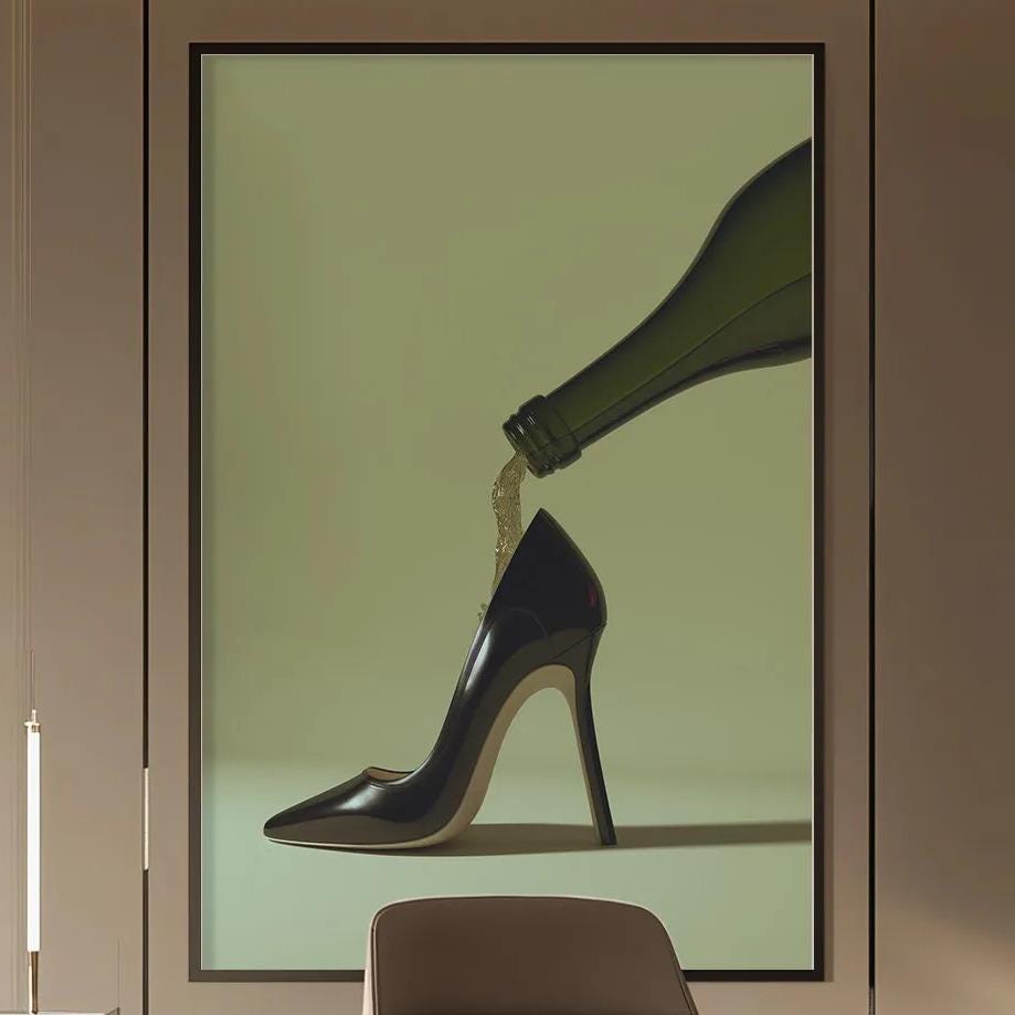 a modern and stylish office space with a large framed artwork of a high-heeled shoe on the wall, a wooden desk with a chair, and built-in bookshelves.