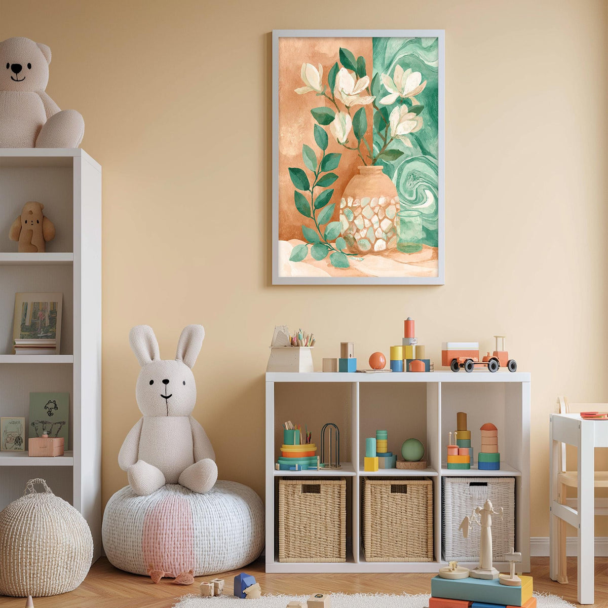 A cozy and colorful children's bedroom with a large stuffed rabbit, a bookshelf filled with toys, and a framed painting of flowers on the wall.
