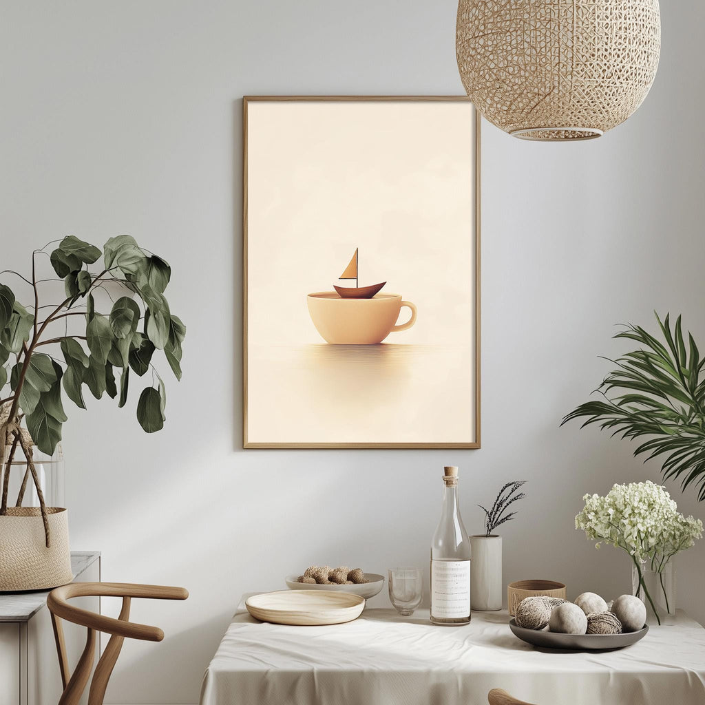 a dining table with a white tablecloth, a bowl of fruit, a bottle, and a plant. Above the table, there is a framed picture of a cup with a sailboat on it.