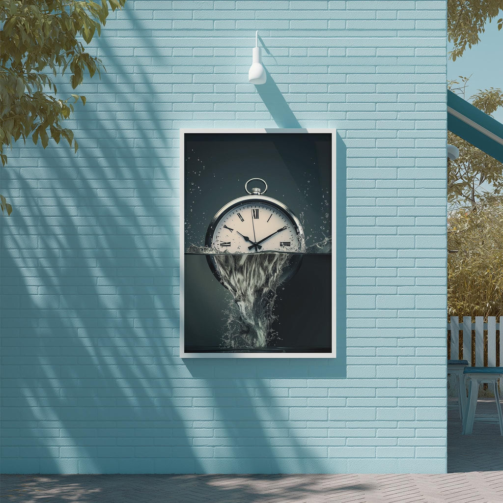 a clock with a water droplet effect, creating a surreal and dreamlike scene.