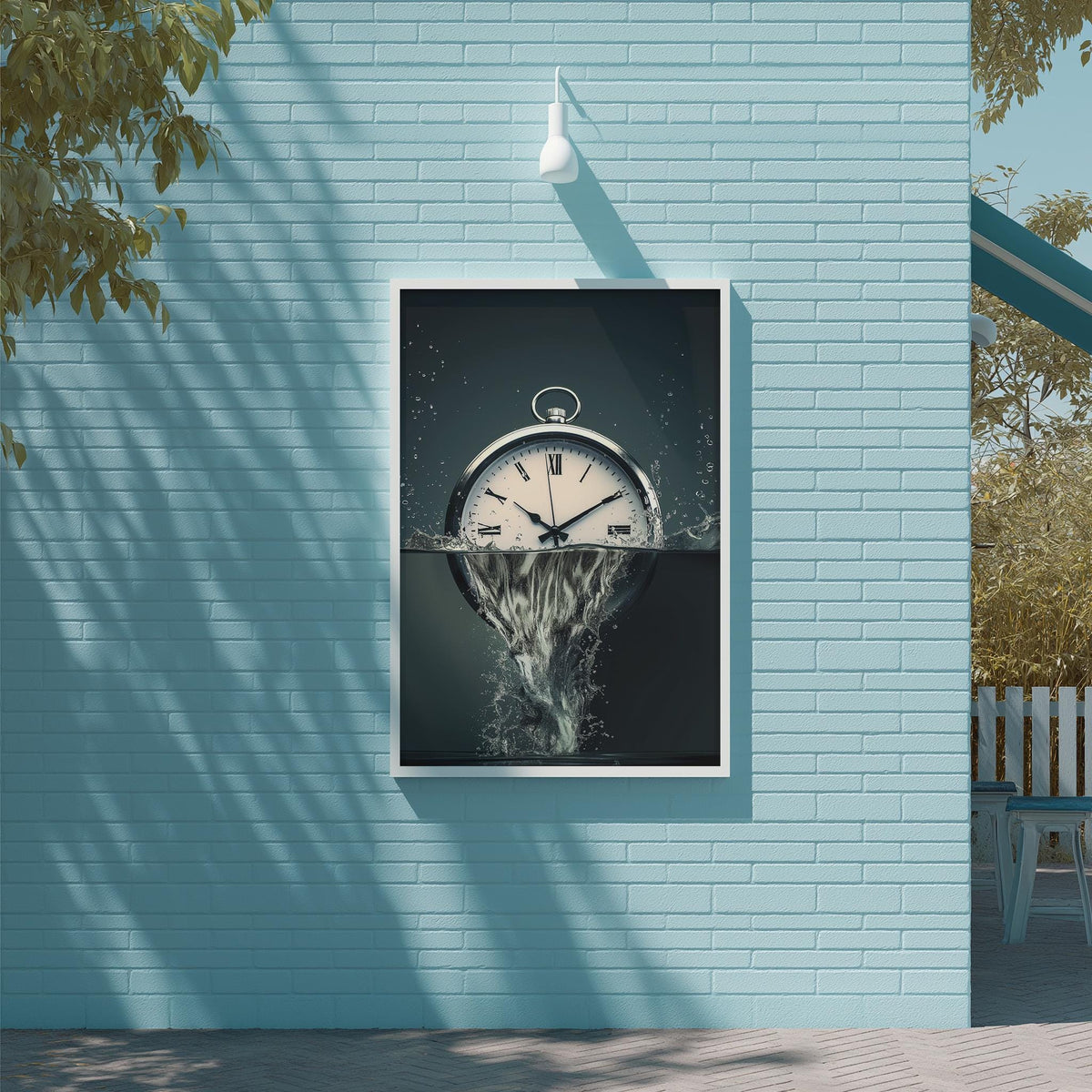 a clock with a water droplet effect, creating a surreal and dreamlike scene.
