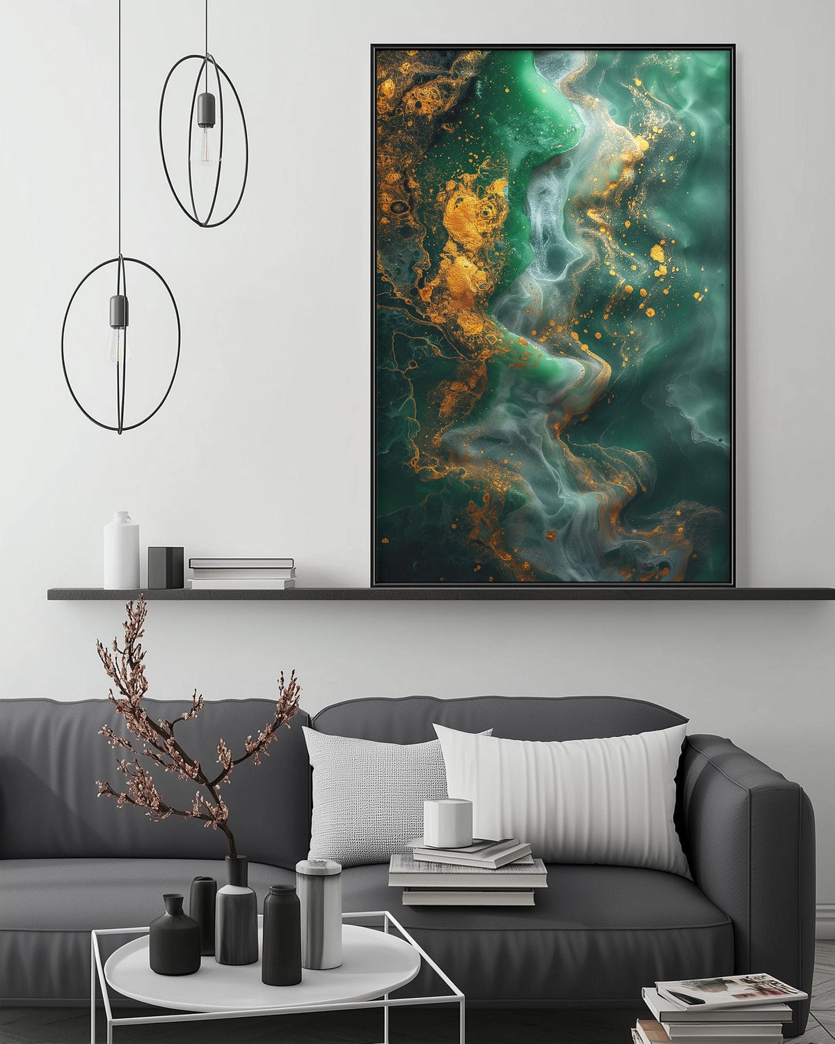 a modern living room with a gray sofa, a coffee table, and a large abstract painting hanging on the wall above the sofa.