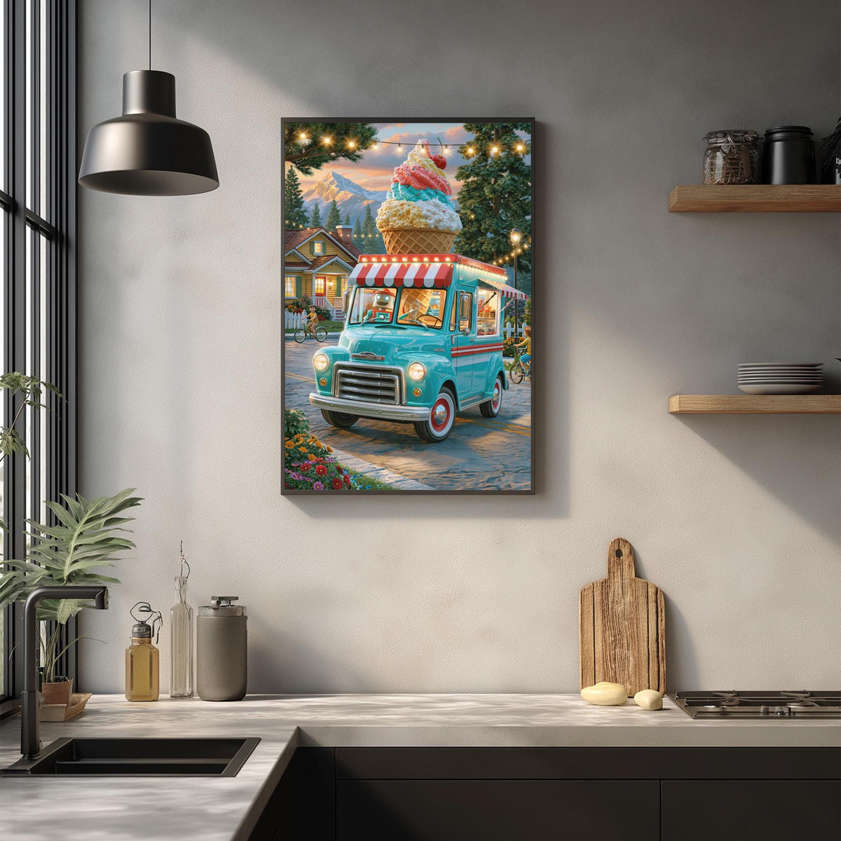 a vintage-style ice cream truck parked on a street, with a large ice cream cone on top, surrounded by a colorful and whimsical scene.