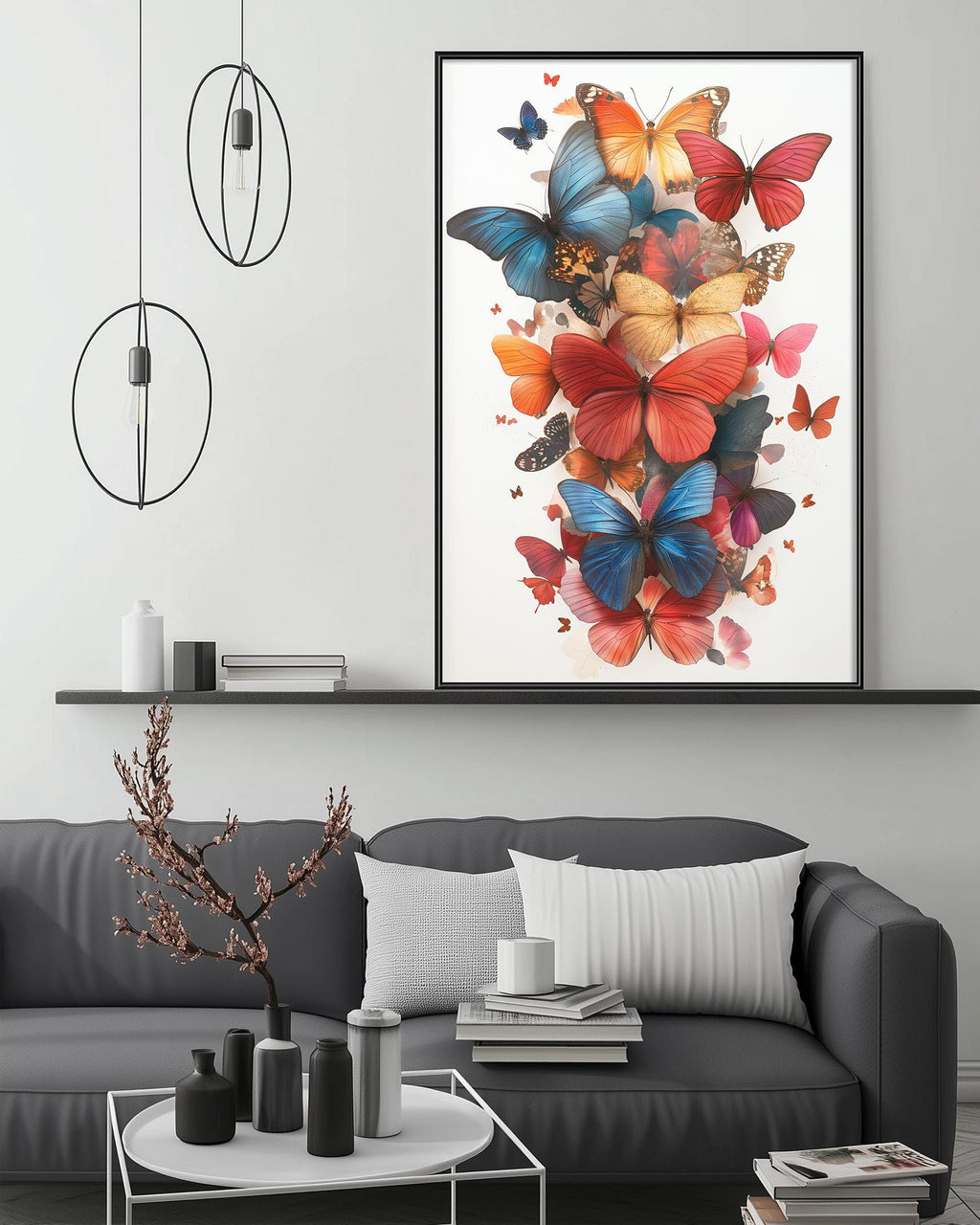 a large framed print of a vibrant collage of colorful butterflies, hanging on a wall above a gray couch in a modern living room setting.