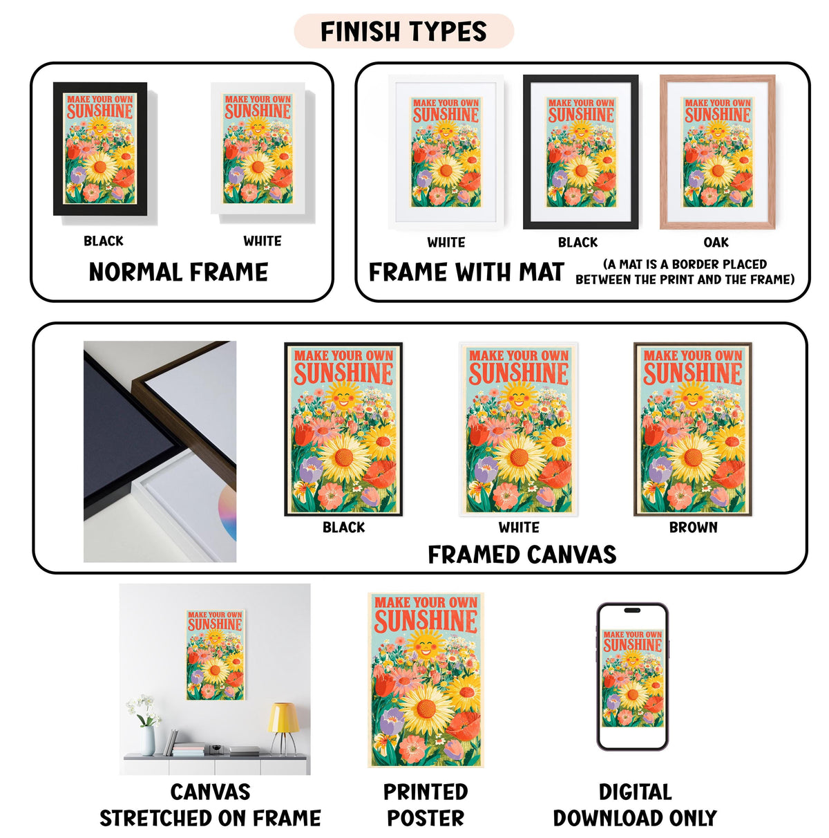 various finish types for a poster, including a black and white, white, black, oak, and framed canvas. It also shows images of the poster in different frames, such as stretched on a frame, printed poster, and digital download only.