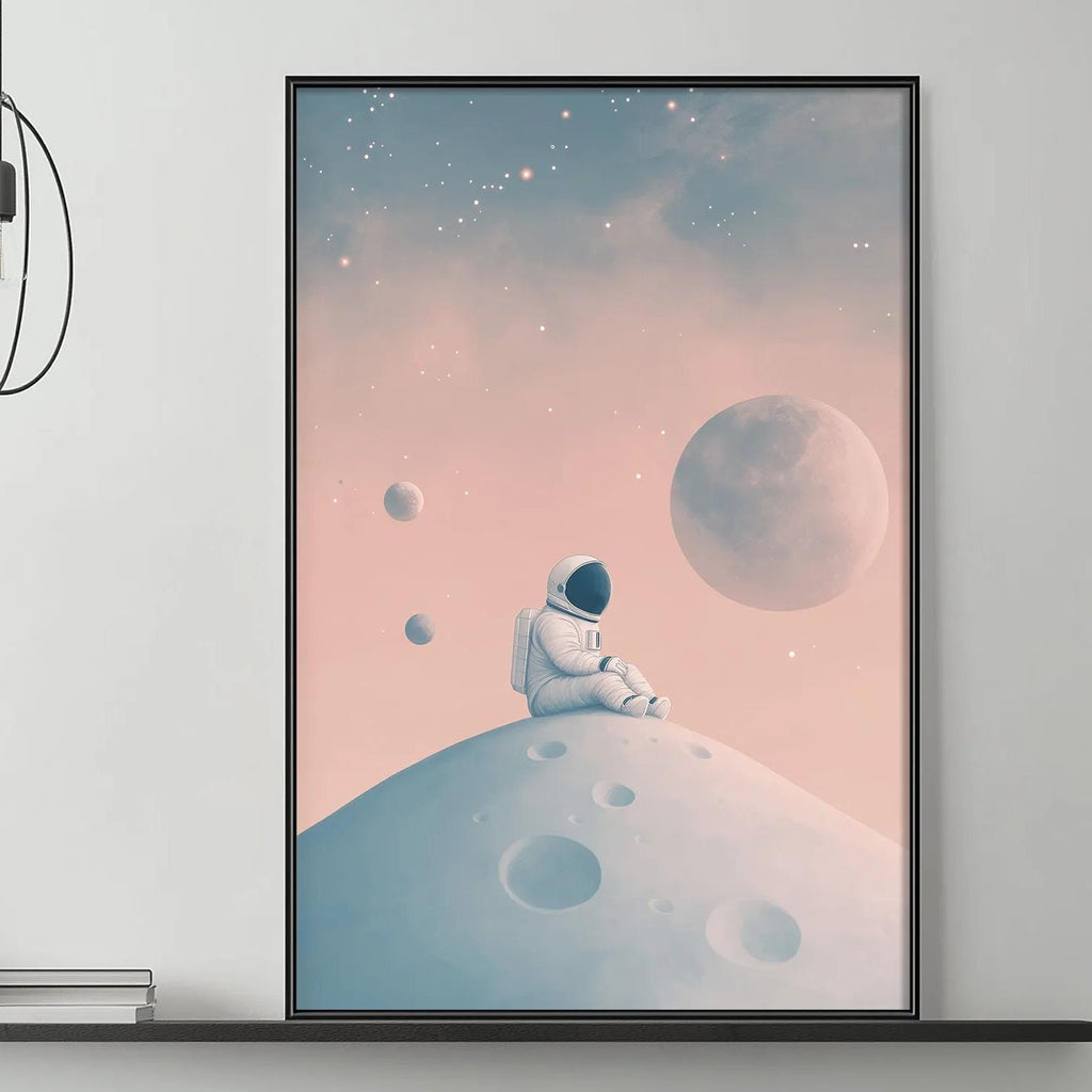 a cozy living room with a gray sofa, a coffee table, and a large framed artwork depicting an astronaut sitting on a planet. The artwork is hanging on the wall above the sofa, creating a striking focal point in the room.