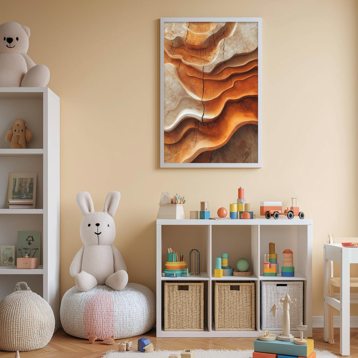A cozy and colorful children's bedroom with a large stuffed rabbit, a bookshelf filled with toys, and a framed abstract painting on the wall.