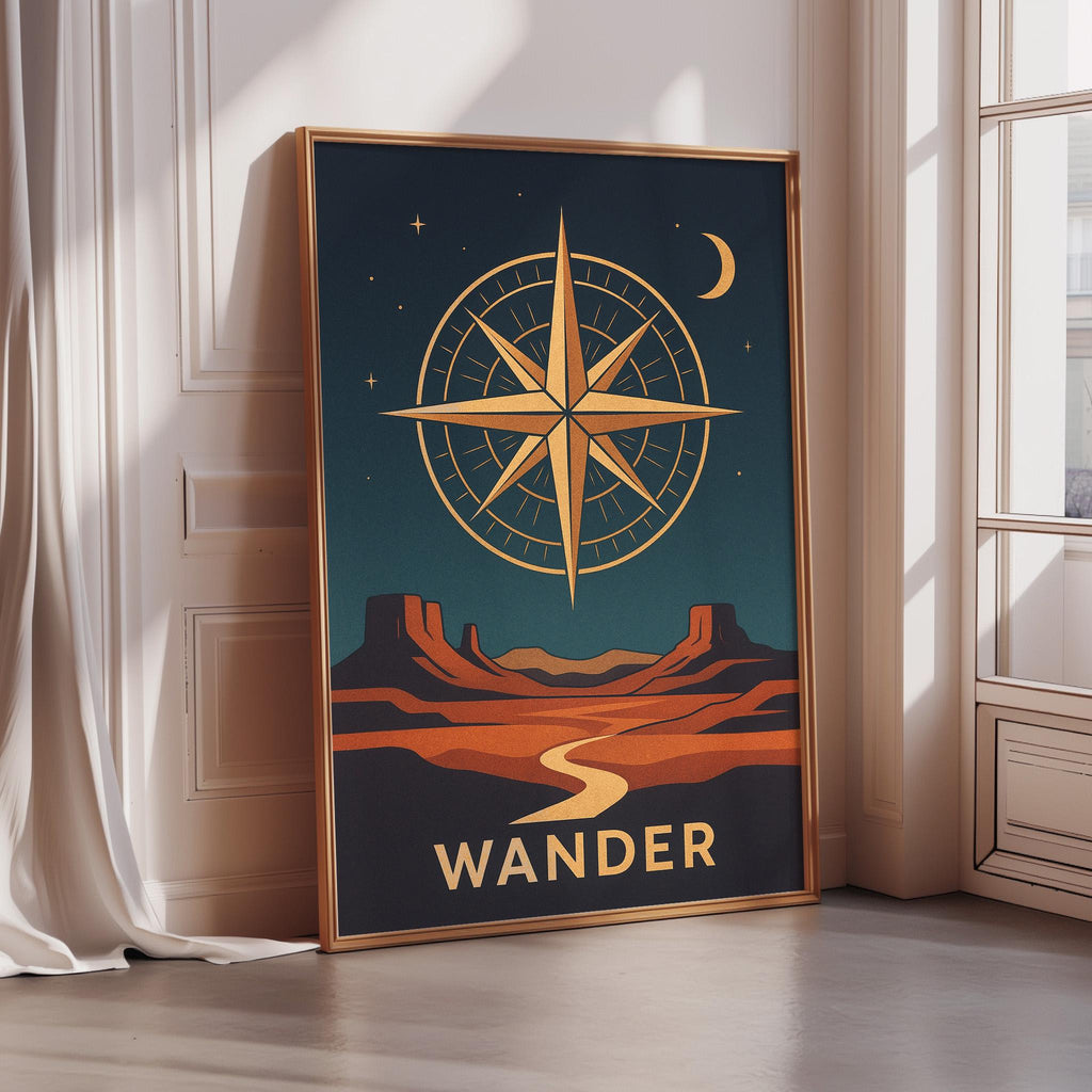 a framed poster with a desert landscape and a compass rose, along with the word "WANDER" written below the compass rose.