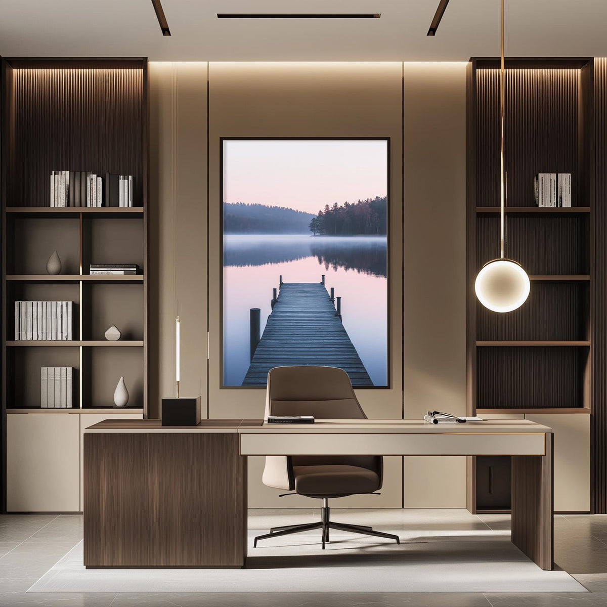 a modern and minimalist office space with a large window that offers a view of a wooden dock leading to a calm lake. The office features a desk with a chair, a bookshelf, and a large framed picture of a dock and lake on the wall.