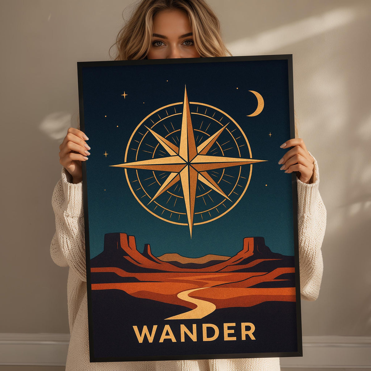 A woman holding a framed poster with a desert landscape and a compass rose on it.