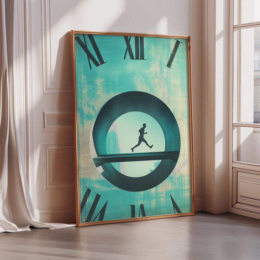 a large framed artwork depicting a silhouetted figure running on a bridge, with a clock face in the background.