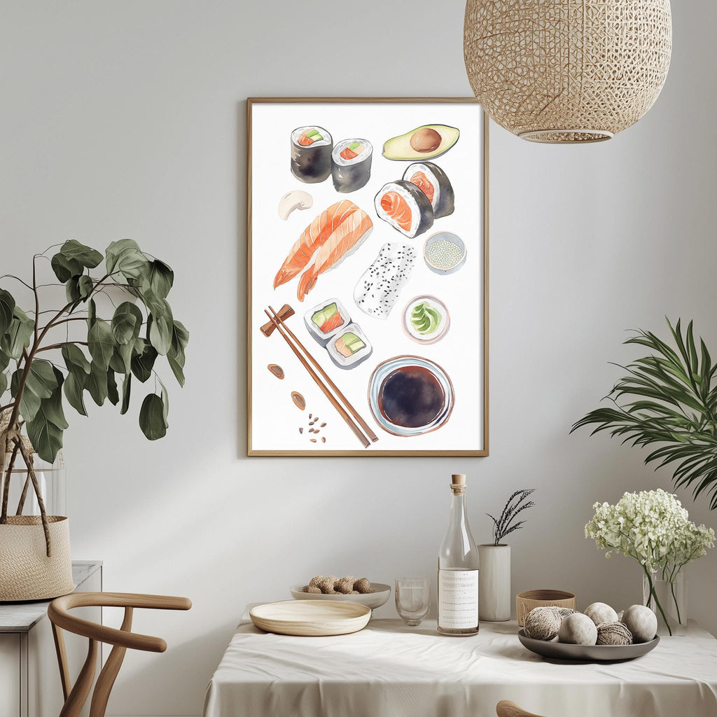 a dining table with a white tablecloth, surrounded by chairs. On the table, there are various items such as a bowl, a bottle, and a vase. Above the table, there is a framed print of sushi and other food items, including sushi rolls, avocado, and a bowl of soup. The table is set with a potted plant, a vase, and a bowl of fruit.
