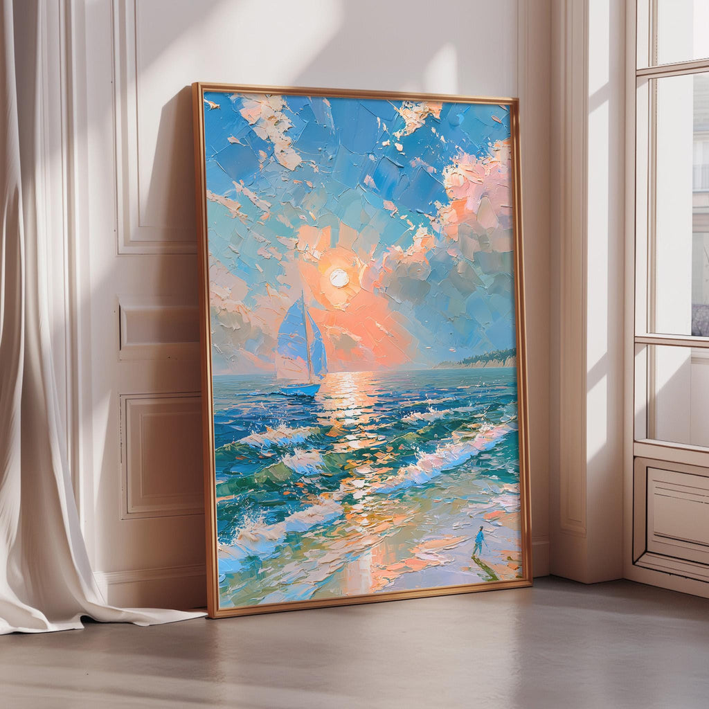 a large, framed painting depicting a serene ocean scene with a sailboat on the water and a beautiful sunset in the background.