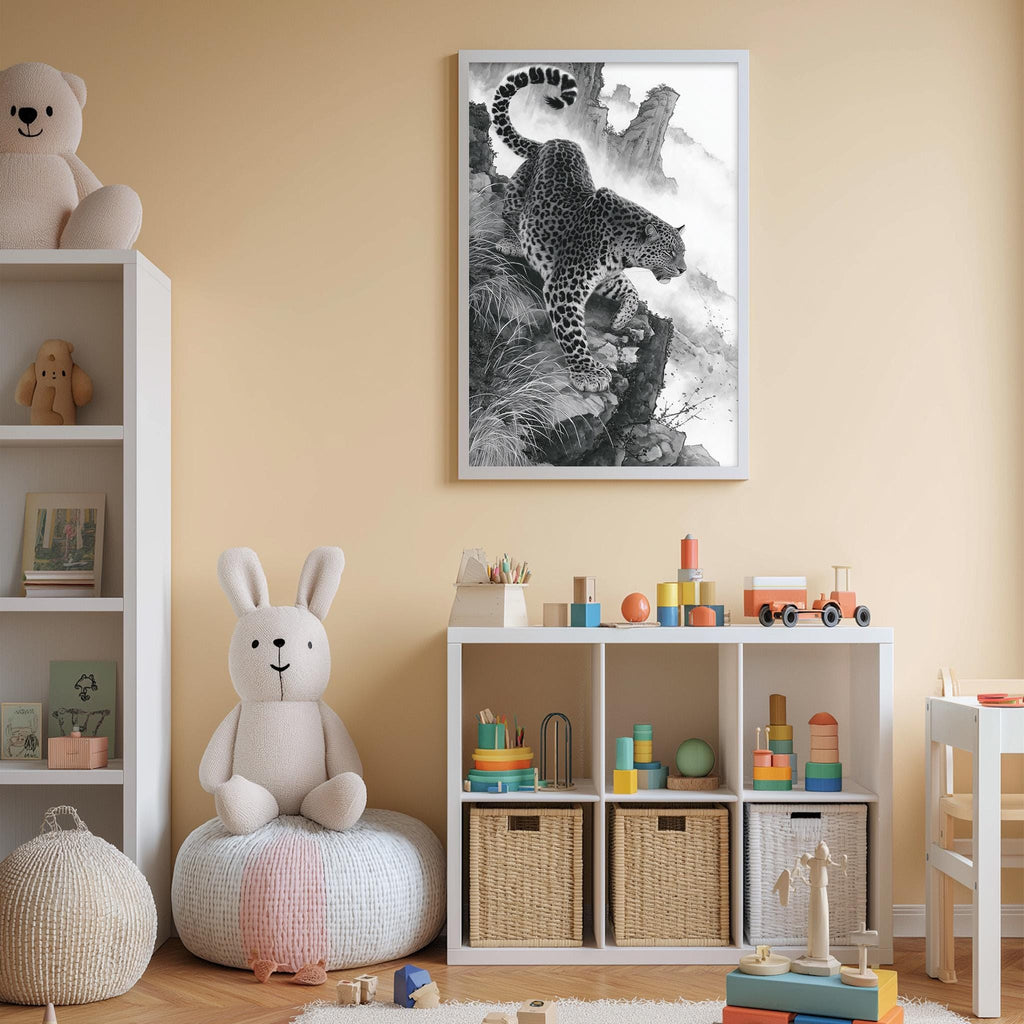 A cozy children's room with a large stuffed rabbit, a framed black and white image of a leopard, and a toy train on a shelf.