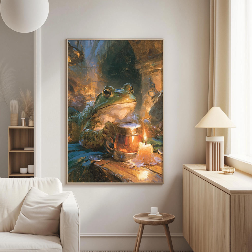 a large painting of a frog sitting on a table with a candle and a mug in front of it, set against a warm, colorful background.