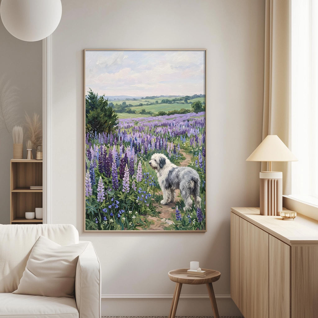 a serene living room with a large painting of a dog standing in a field of purple flowers hanging on the wall.