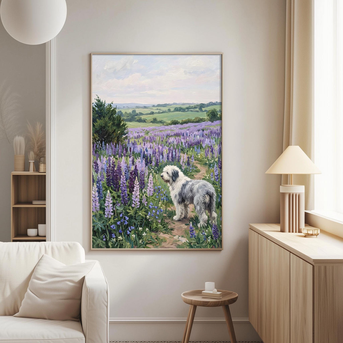 a serene living room with a large painting of a dog standing in a field of purple flowers hanging on the wall.