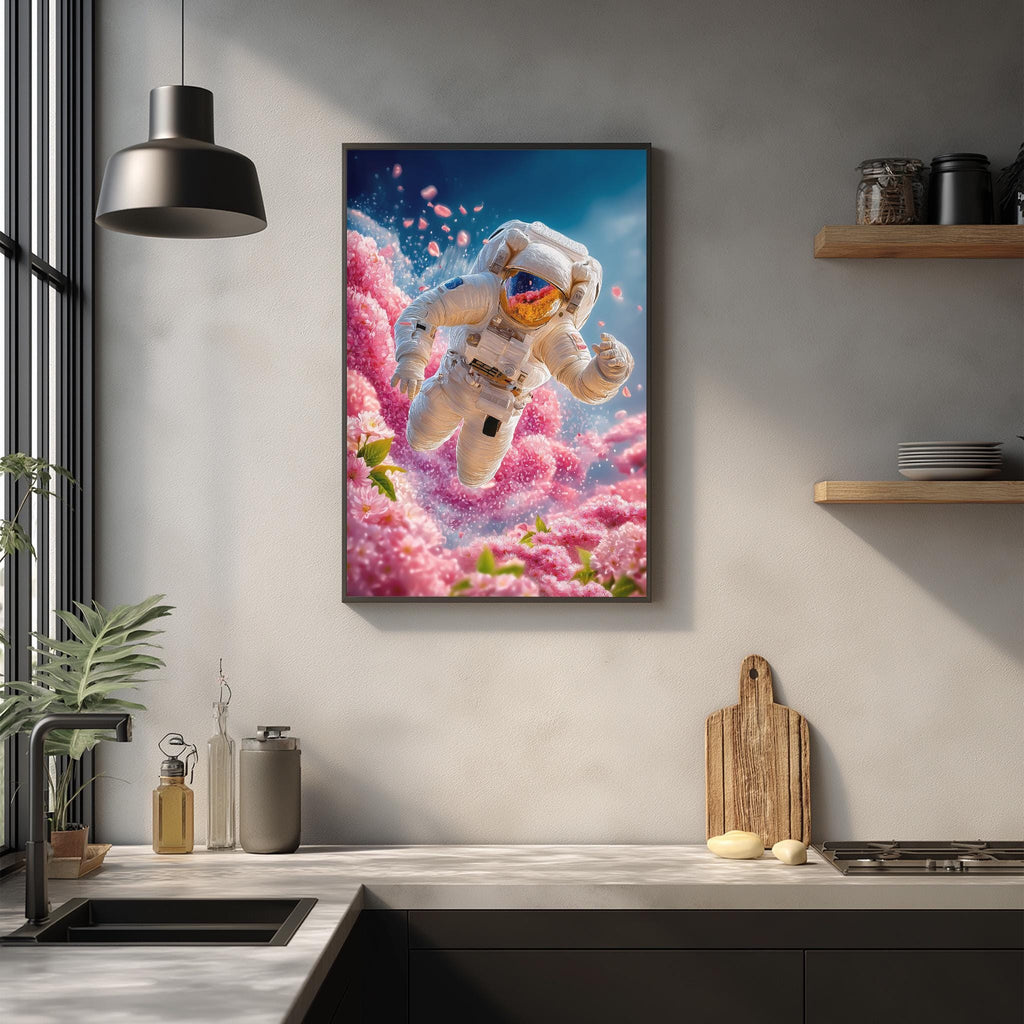 a framed artwork of an astronaut floating in a field of pink flowers, with a blue sky in the background.