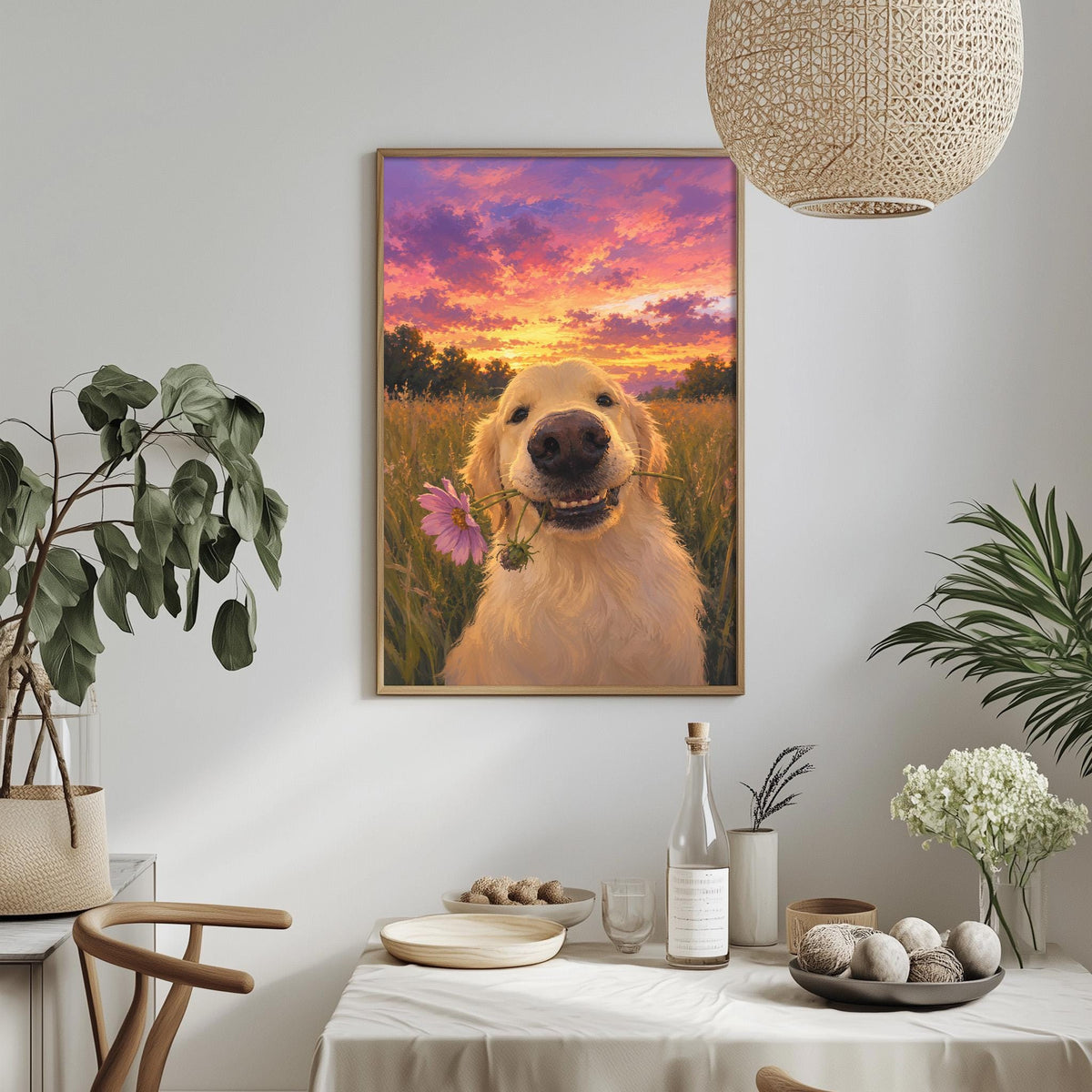 a large framed painting of a golden retriever dog holding a pink flower in its mouth, set against a colorful sunset sky. The painting is hanging on a wall above a dining table with various decorative items, including potted plants, vases, and bowls.