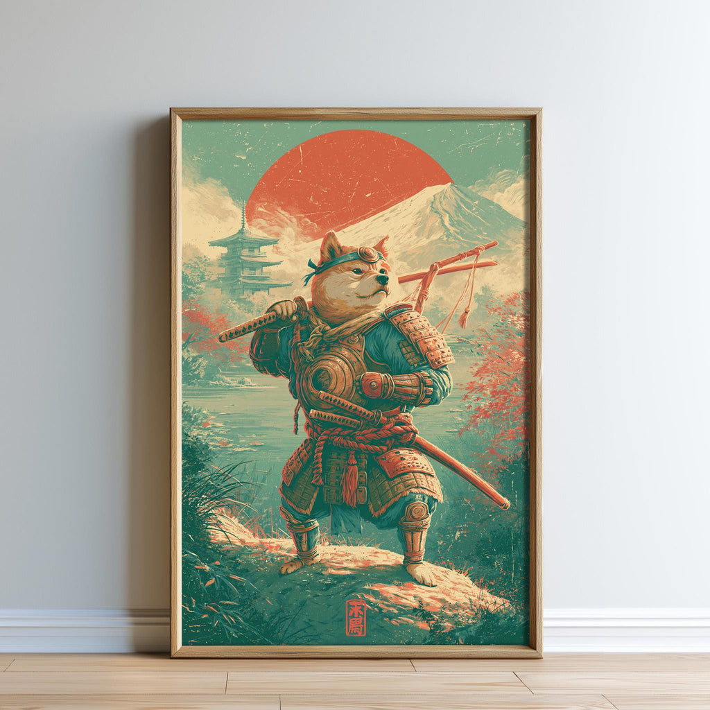 A framed illustration depicting a Shiba Inu dog dressed as a warrior, holding a sword and standing on a rock with a temple in the background.